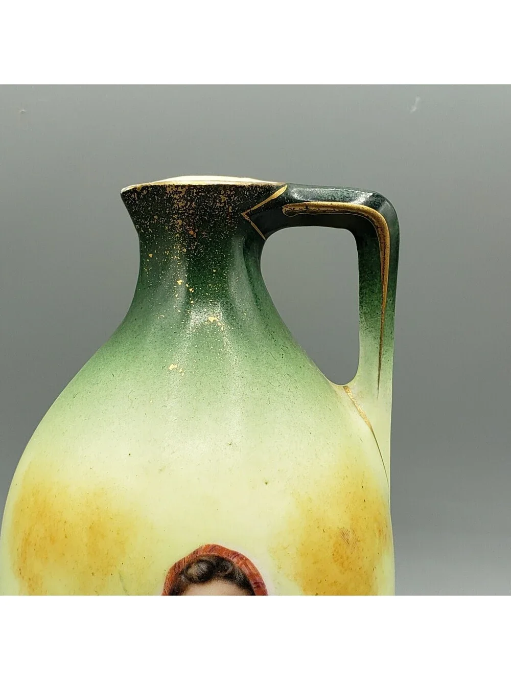 Vintage Austria Ewer Vase Maiden in Field of Flowers Green Pitcher Jug Porcelain